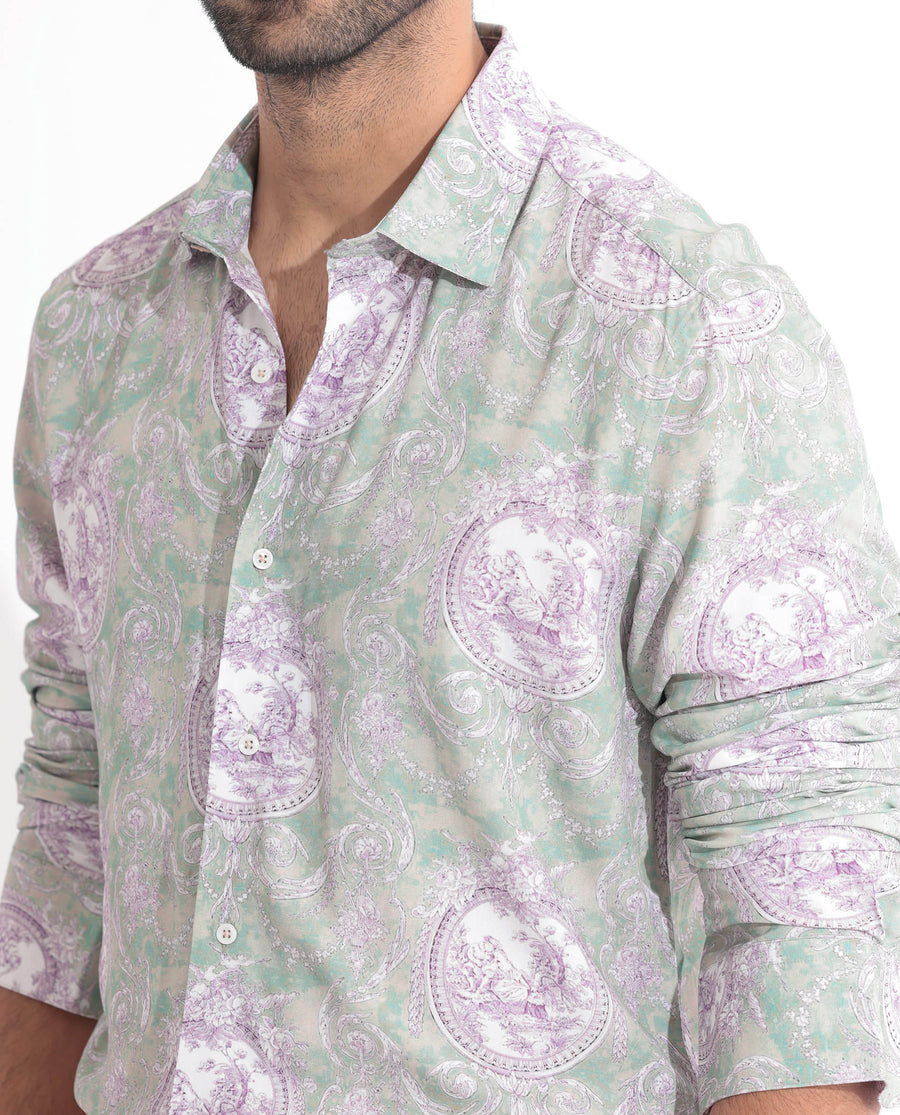 Rare Rabbit Men's Theon Dusky Green Cotton Floral Print Regular Fit Full Sleeve Collared Shirt