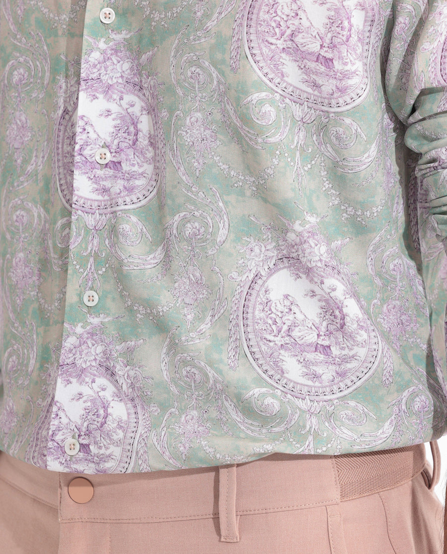 Rare Rabbit Men's Theon Dusky Green Cotton Floral Print Regular Fit Full Sleeve Collared Shirt