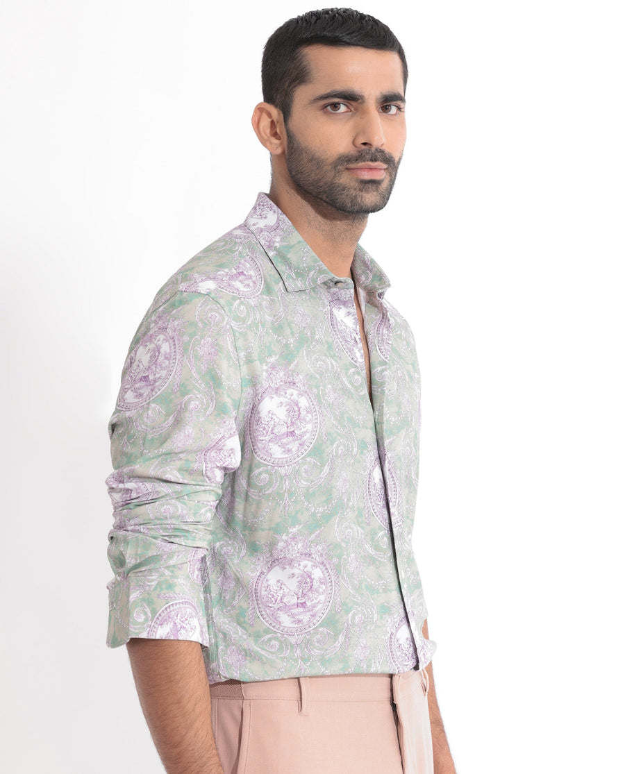 Rare Rabbit Men's Theon Dusky Green Cotton Floral Print Regular Fit Full Sleeve Collared Shirt