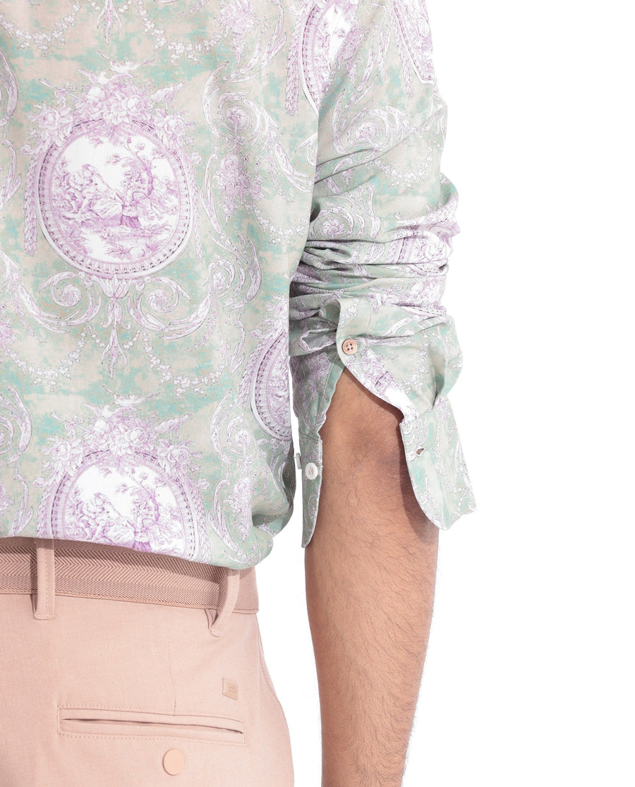 Rare Rabbit Men's Theon Dusky Green Cotton Floral Print Regular Fit Full Sleeve Collared Shirt