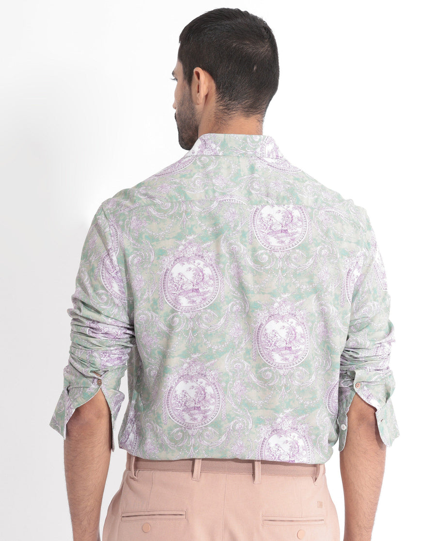 Rare Rabbit Men's Theon Dusky Green Cotton Floral Print Regular Fit Full Sleeve Collared Shirt