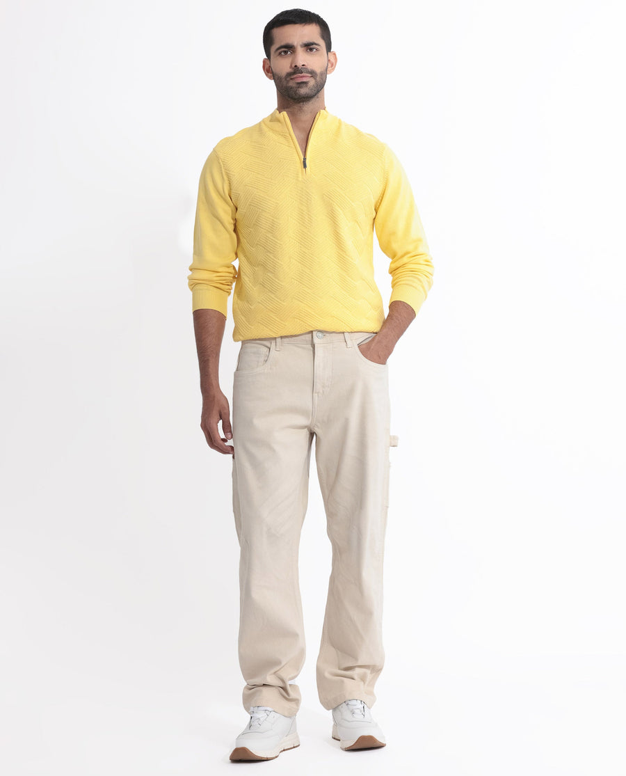 Rare Rabbit Men's Troyo Yellow Cotton Textured Relaxed Fit Full Sleeve High Neck Sweater
