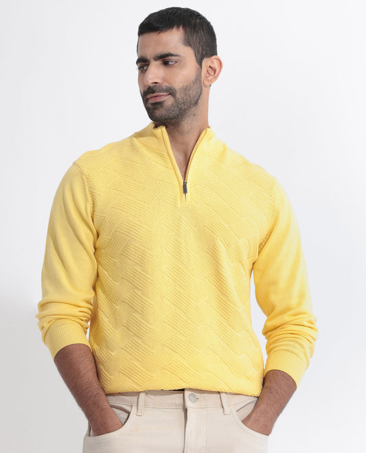 Rare Rabbit Men's Troyo Yellow Cotton Textured Relaxed Fit Full Sleeve High Neck Sweater