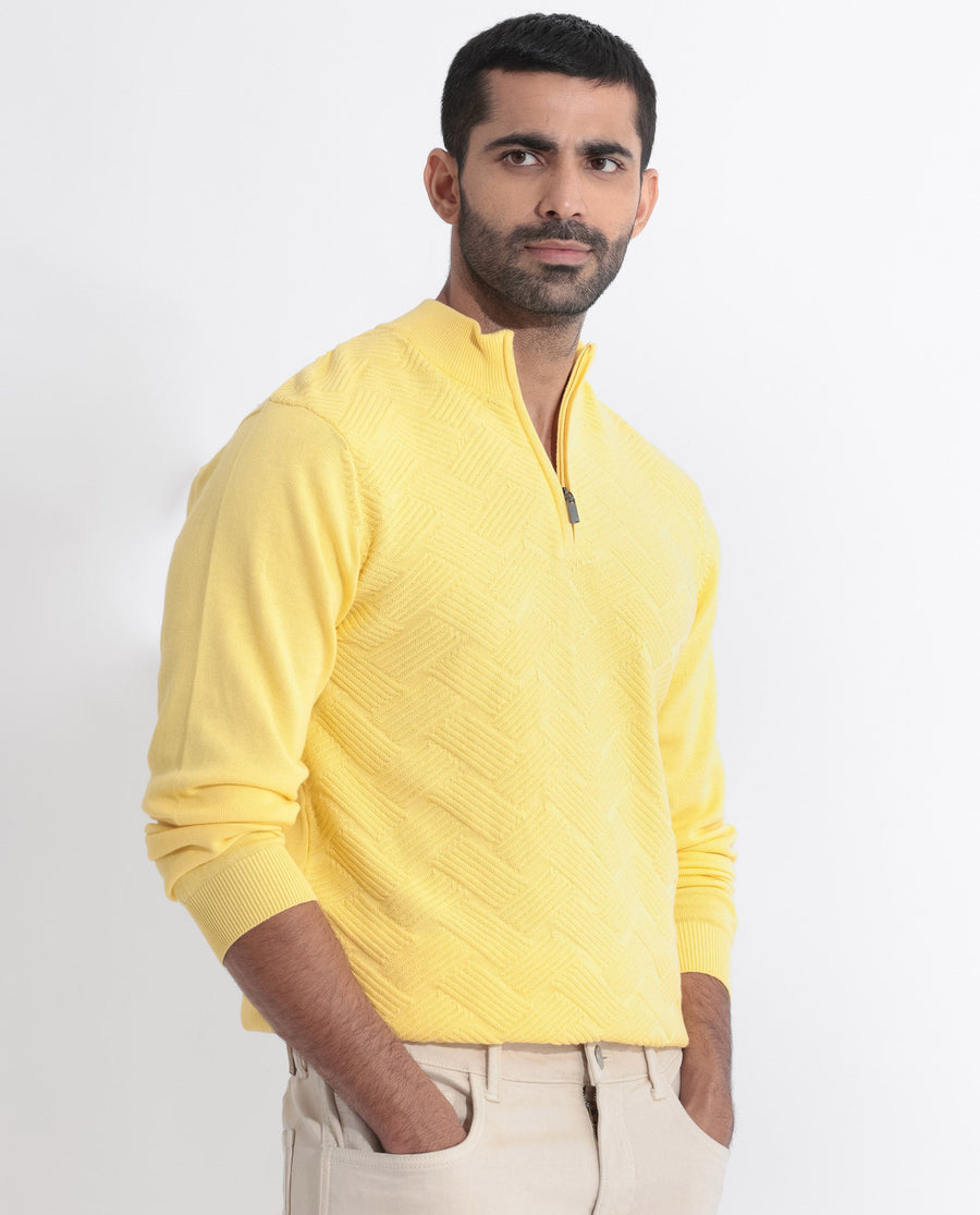 Rare Rabbit Men's Troyo Yellow Cotton Textured Relaxed Fit Full Sleeve High Neck Sweater