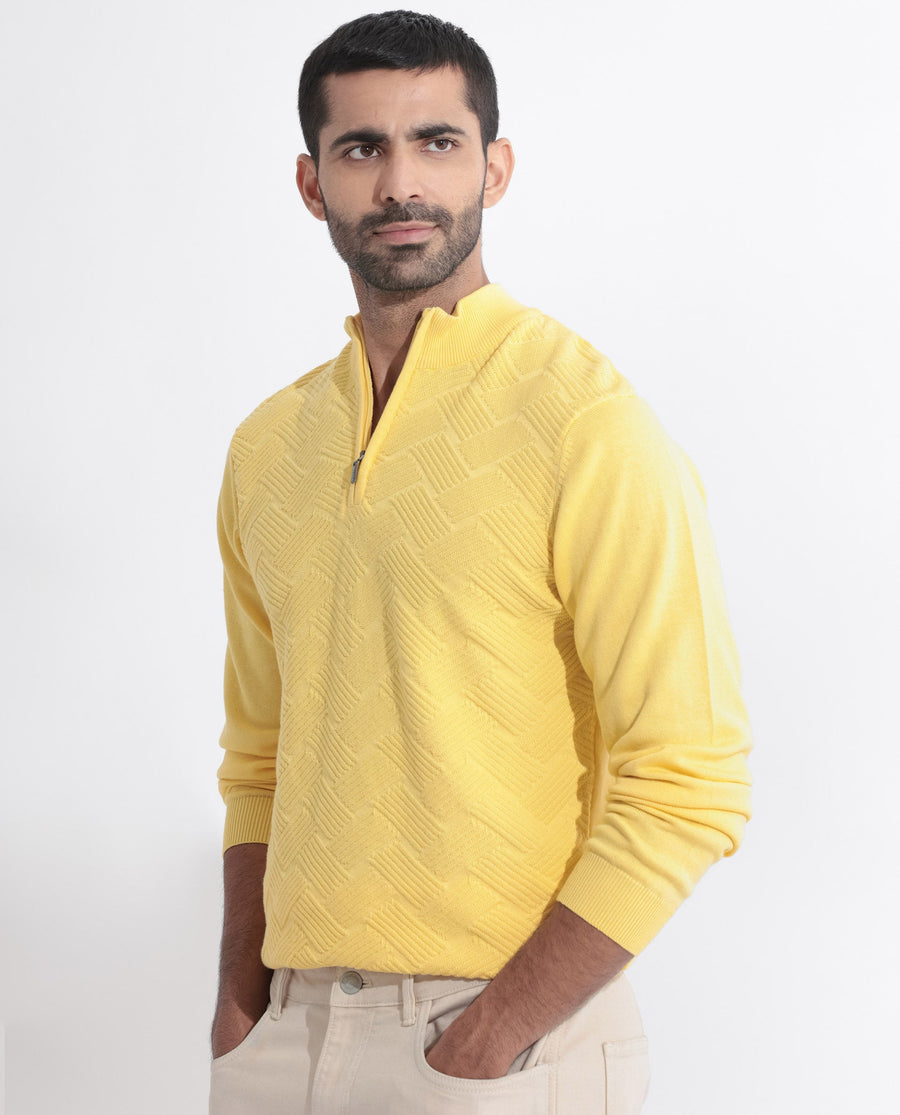 Rare Rabbit Men's Troyo Yellow Cotton Textured Relaxed Fit Full Sleeve High Neck Sweater