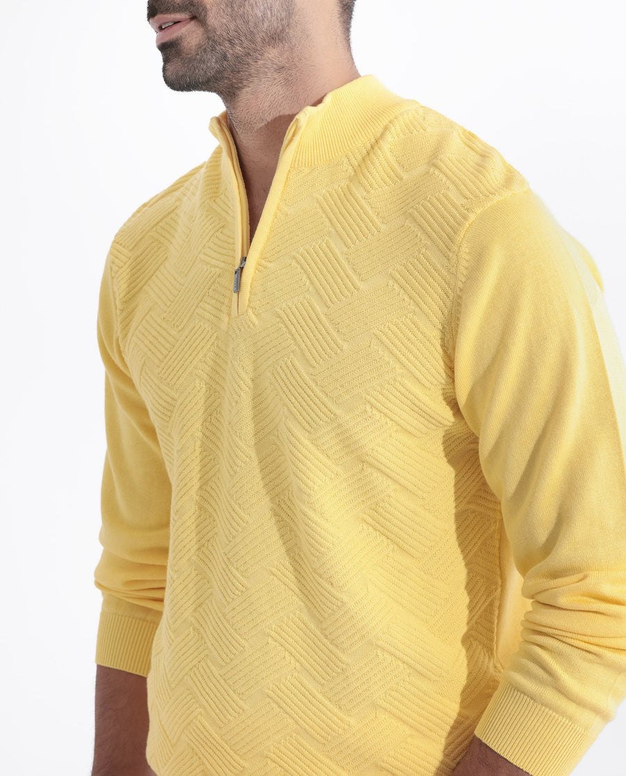 Rare Rabbit Men's Troyo Yellow Cotton Textured Relaxed Fit Full Sleeve High Neck Sweater