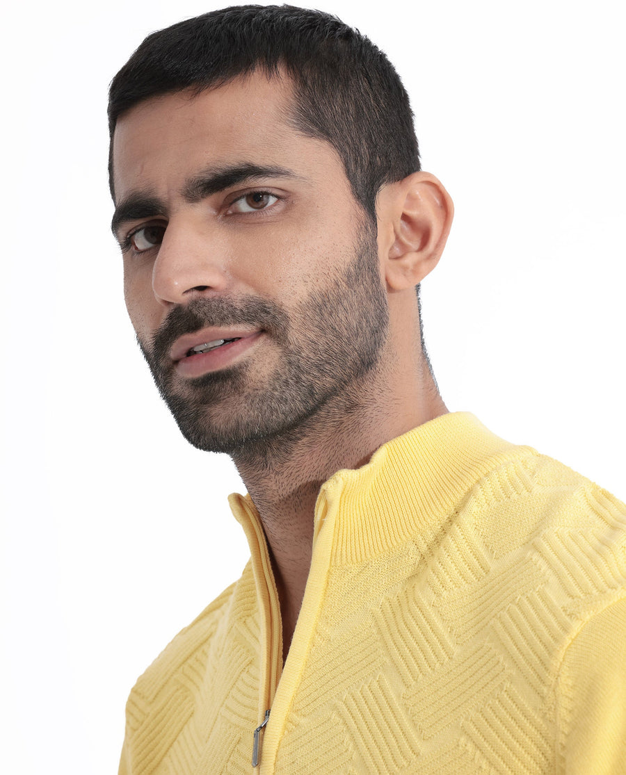 Rare Rabbit Men's Troyo Yellow Cotton Textured Relaxed Fit Full Sleeve High Neck Sweater