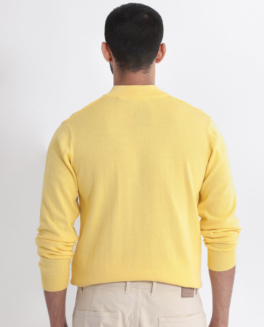 Rare Rabbit Men's Troyo Yellow Cotton Textured Relaxed Fit Full Sleeve High Neck Sweater
