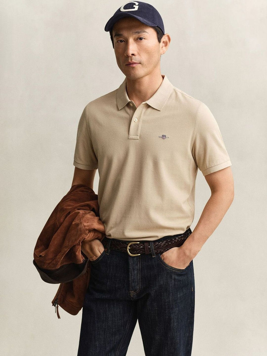 Gant Men Beige Solid Regular Fit Shield Pique Polo T-Shirt