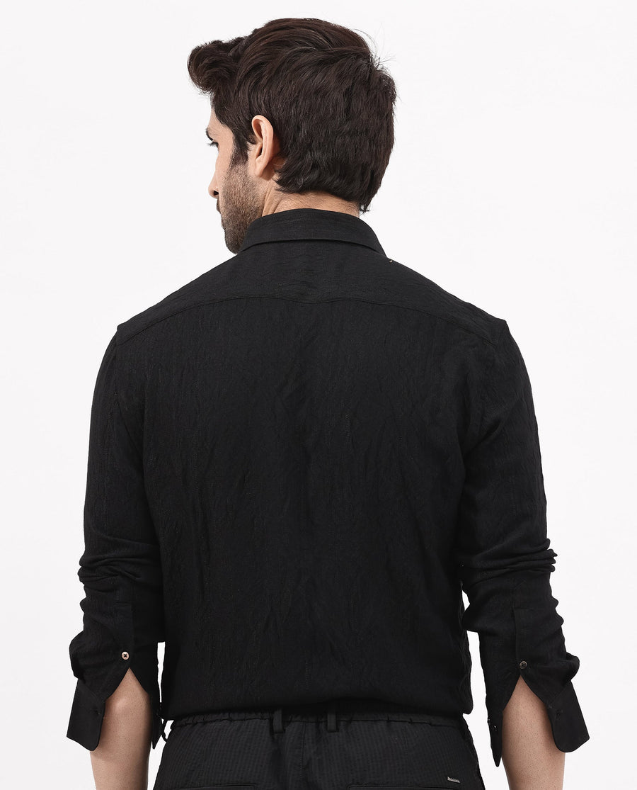 Rare Rabbit Men's Ufa Black Viscose Plain Regular Fit Full Sleeve Collared Shirt