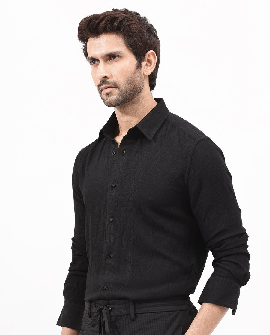 Rare Rabbit Men's Ufa Black Viscose Plain Regular Fit Full Sleeve Collared Shirt