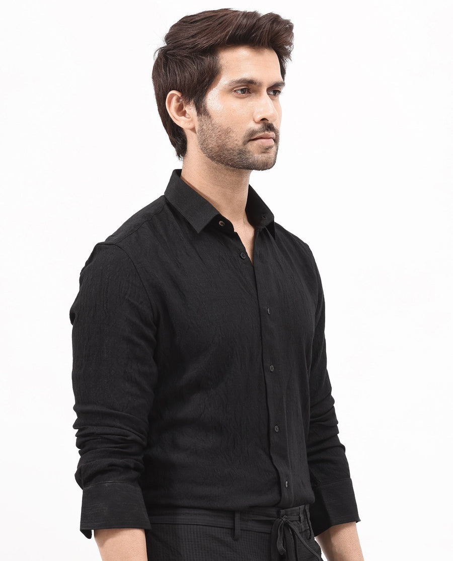 Rare Rabbit Men's Ufa Black Viscose Plain Regular Fit Full Sleeve Collared Shirt