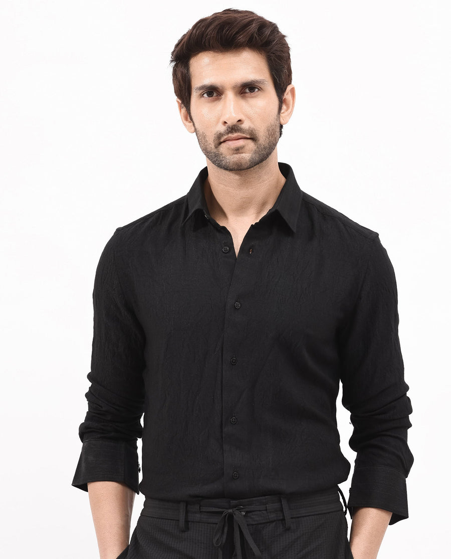 Rare Rabbit Men's Ufa Black Viscose Plain Regular Fit Full Sleeve Collared Shirt