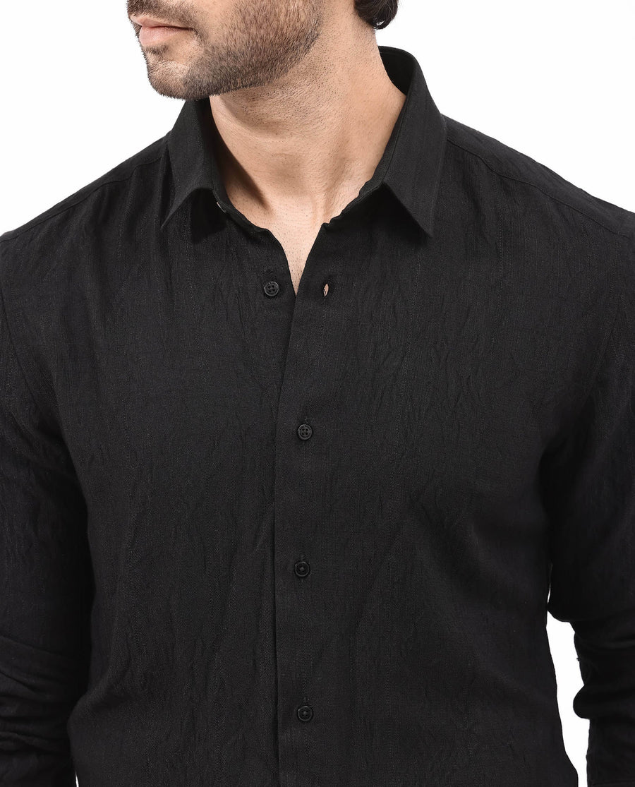 Rare Rabbit Men's Ufa Black Viscose Plain Regular Fit Full Sleeve Collared Shirt