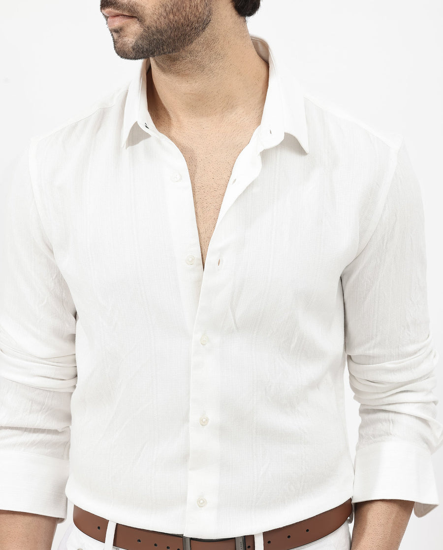 Rare Rabbit Men's Ufa White Viscose Plain Regular Fit Full Sleeve Collared Shirt