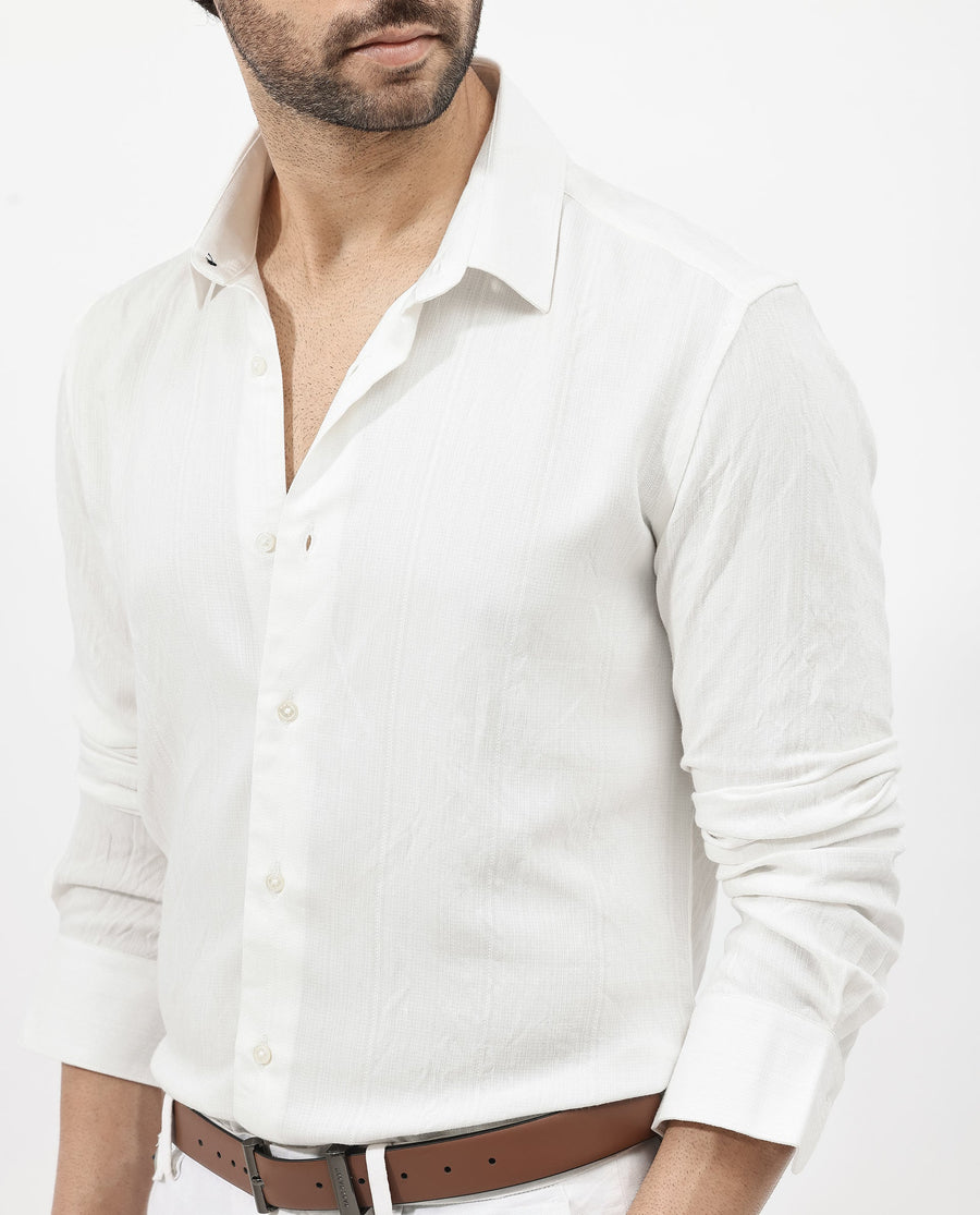 Rare Rabbit Men's Ufa White Viscose Plain Regular Fit Full Sleeve Collared Shirt