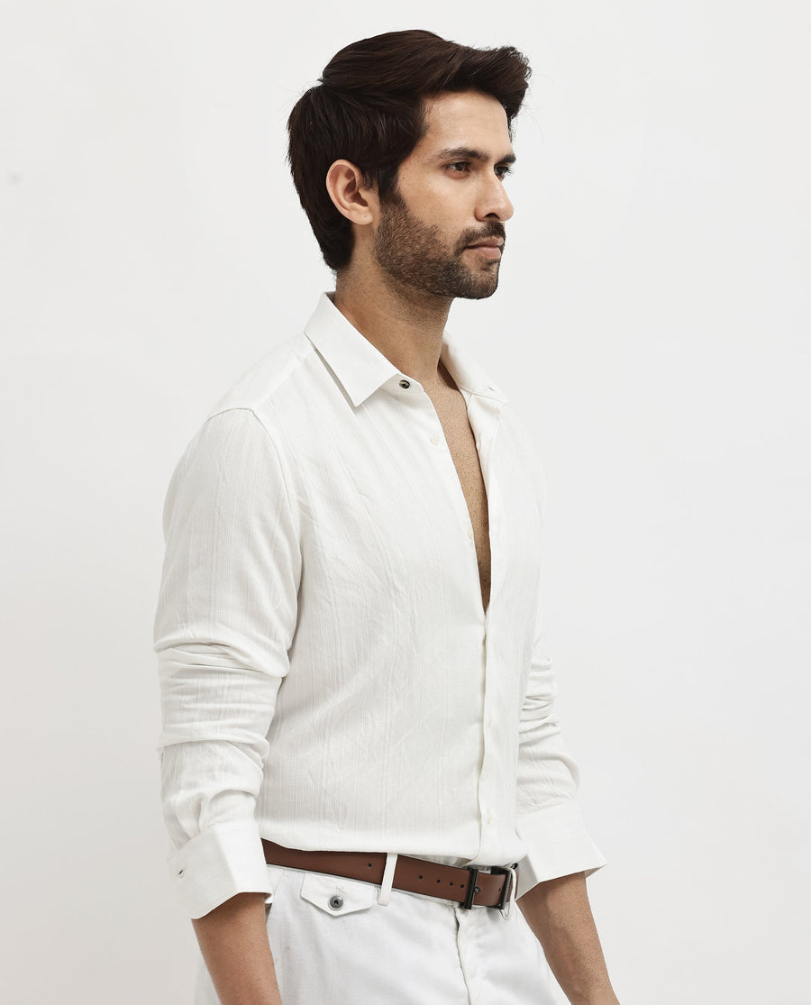 Rare Rabbit Men's Ufa White Viscose Plain Regular Fit Full Sleeve Collared Shirt