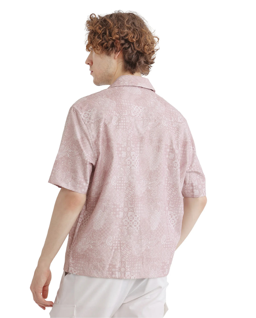 Rare Rabbit Men's Uffy Light Pink Cotton Abstract Print Boxy Fit Half Sleeve Cuban Collar Shirt