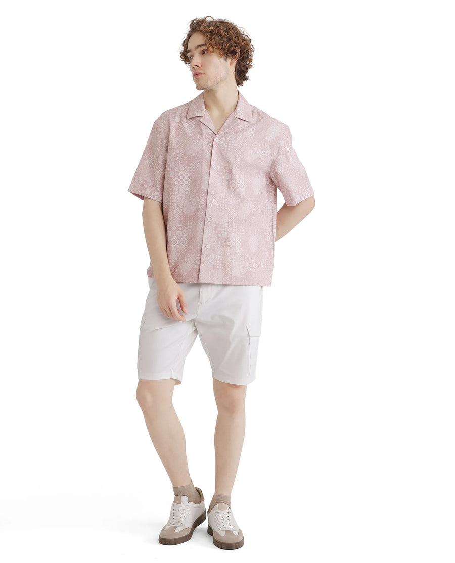 Rare Rabbit Men's Uffy Light Pink Cotton Abstract Print Boxy Fit Half Sleeve Cuban Collar Shirt