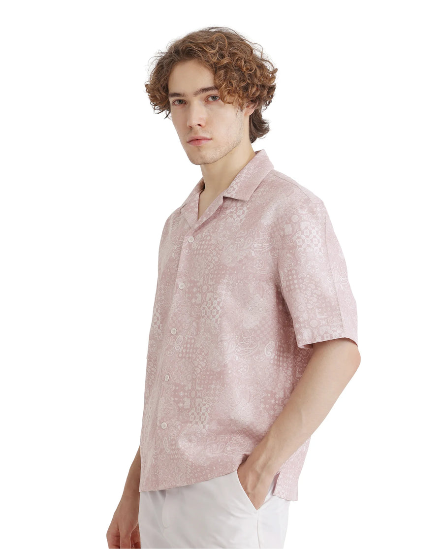 Rare Rabbit Men's Uffy Light Pink Cotton Abstract Print Boxy Fit Half Sleeve Cuban Collar Shirt