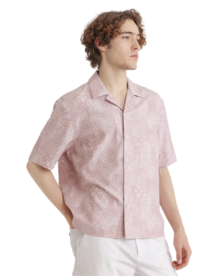 Rare Rabbit Men's Uffy Light Pink Cotton Abstract Print Boxy Fit Half Sleeve Cuban Collar Shirt