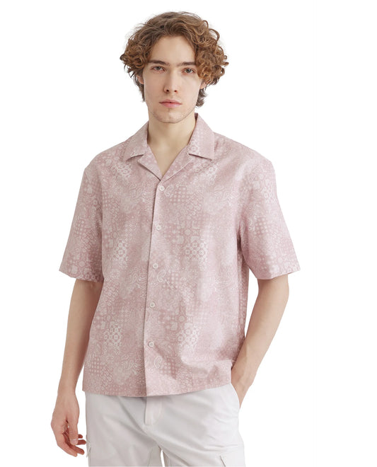 Rare Rabbit Men's Uffy Light Pink Cotton Abstract Print Boxy Fit Half Sleeve Cuban Collar Shirt