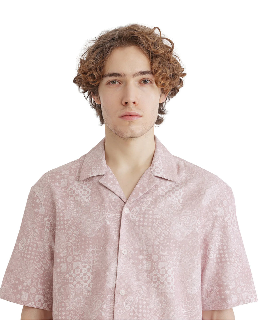 Rare Rabbit Men's Uffy Light Pink Cotton Abstract Print Boxy Fit Half Sleeve Cuban Collar Shirt