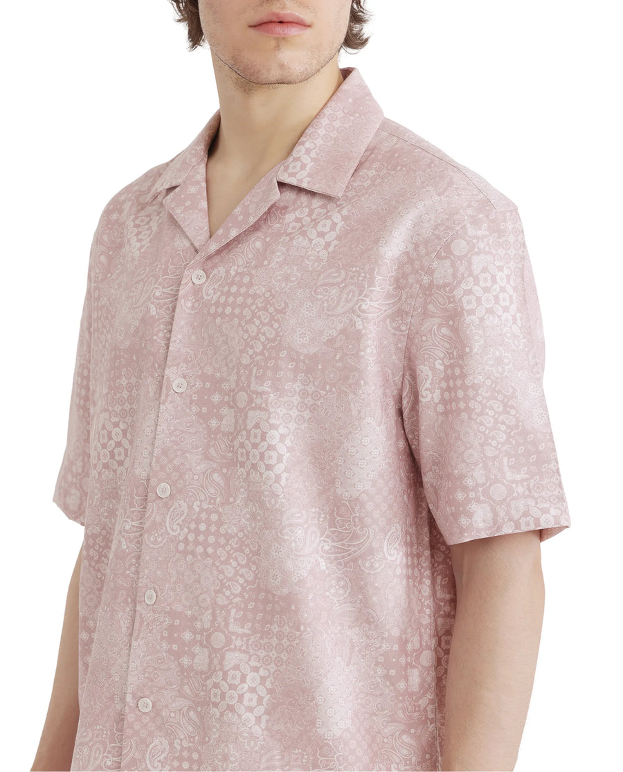 Rare Rabbit Men's Uffy Light Pink Cotton Abstract Print Boxy Fit Half Sleeve Cuban Collar Shirt