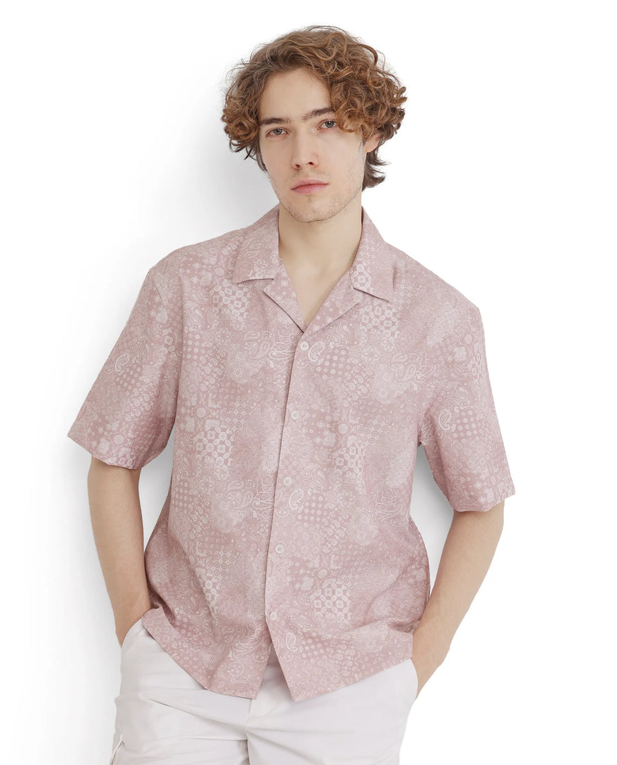 Rare Rabbit Men's Uffy Light Pink Cotton Abstract Print Boxy Fit Half Sleeve Cuban Collar Shirt