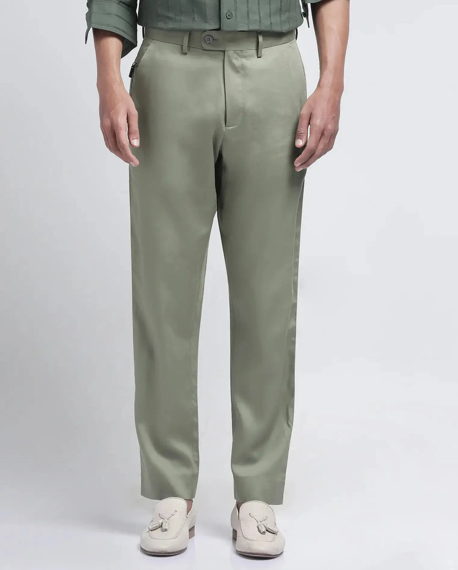 Rare Rabbit Men's Ugo Dusky Green Cotton Blend Plain Regular Fit Trouser