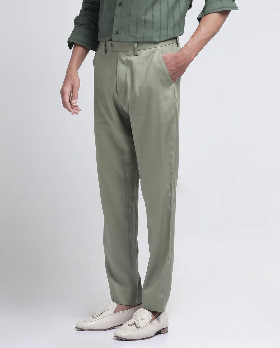 Rare Rabbit Men's Ugo Dusky Green Cotton Blend Plain Regular Fit Trouser