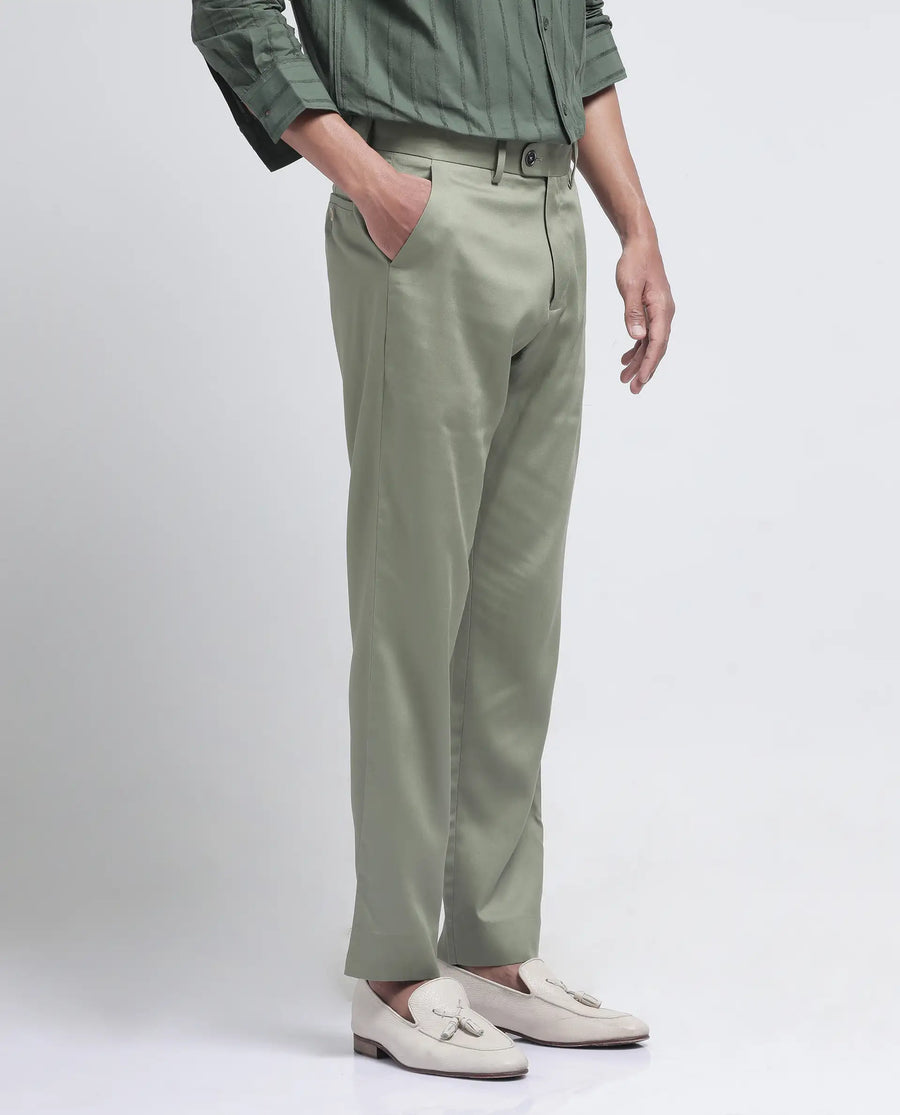 Rare Rabbit Men's Ugo Dusky Green Cotton Blend Plain Regular Fit Trouser
