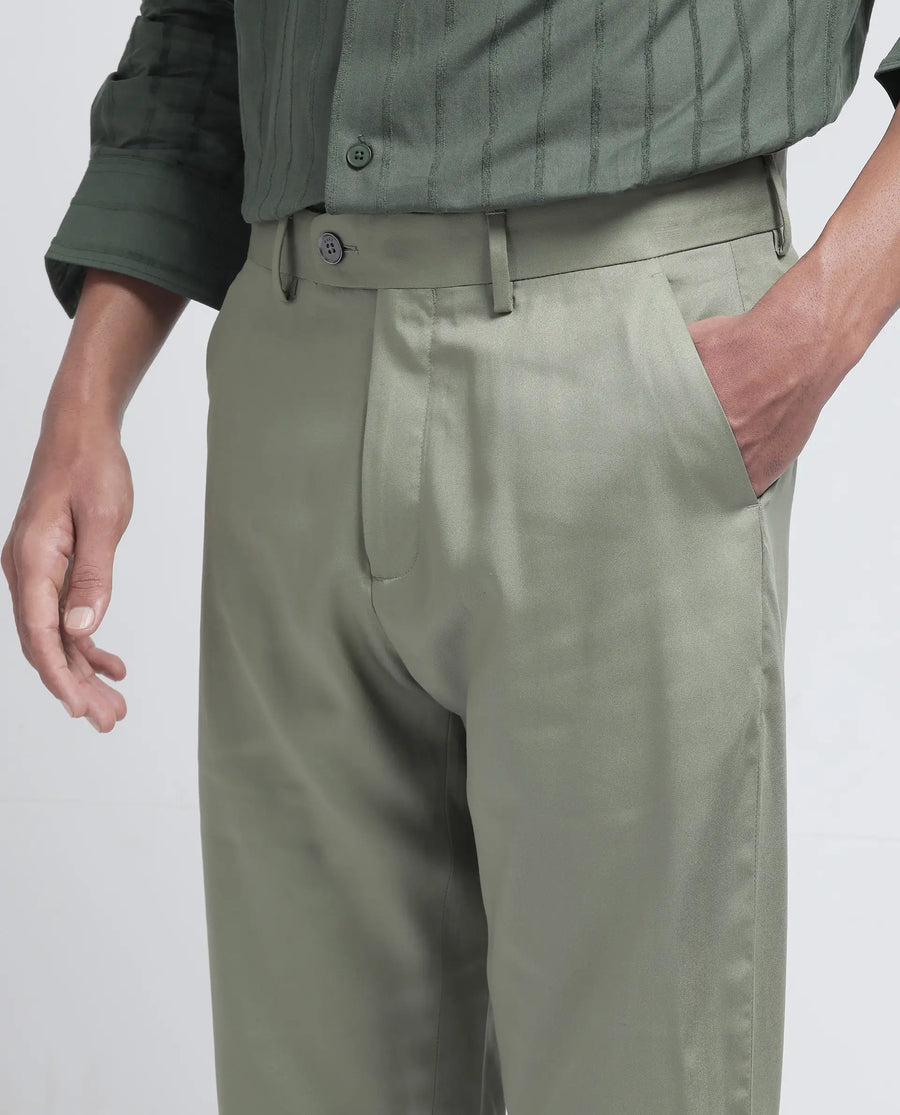 Rare Rabbit Men's Ugo Dusky Green Cotton Blend Plain Regular Fit Trouser