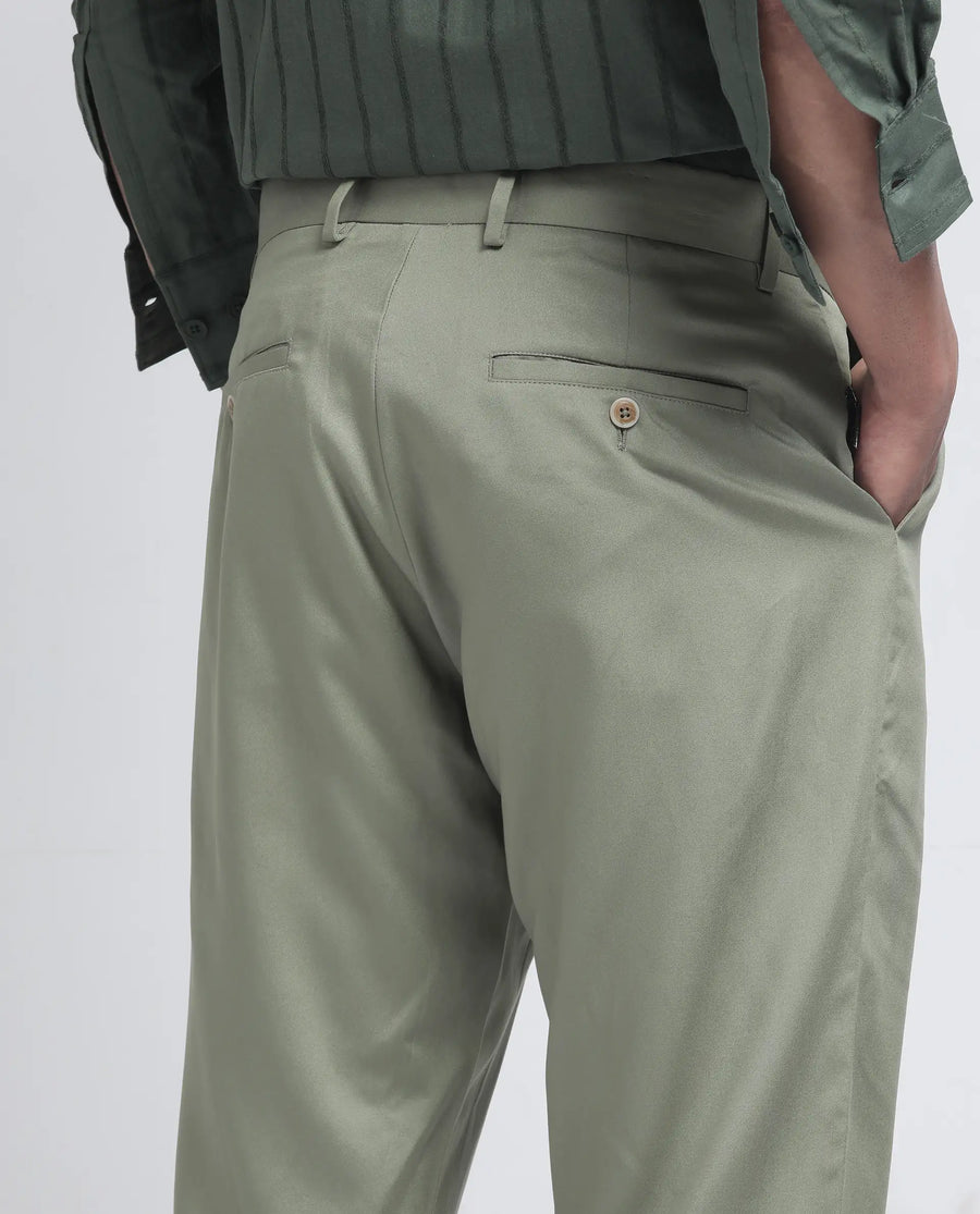 Rare Rabbit Men's Ugo Dusky Green Cotton Blend Plain Regular Fit Trouser