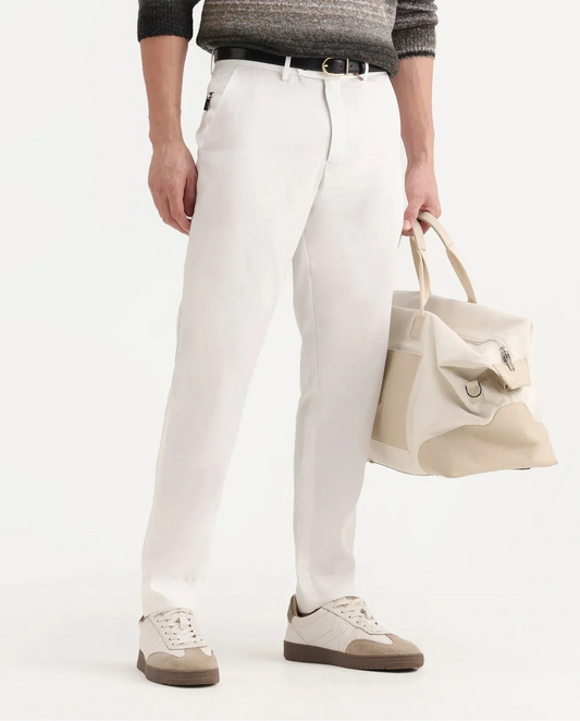 Rare Rabbit Men's Ugo White Cotton Blend Plain Regular Fit Trouser