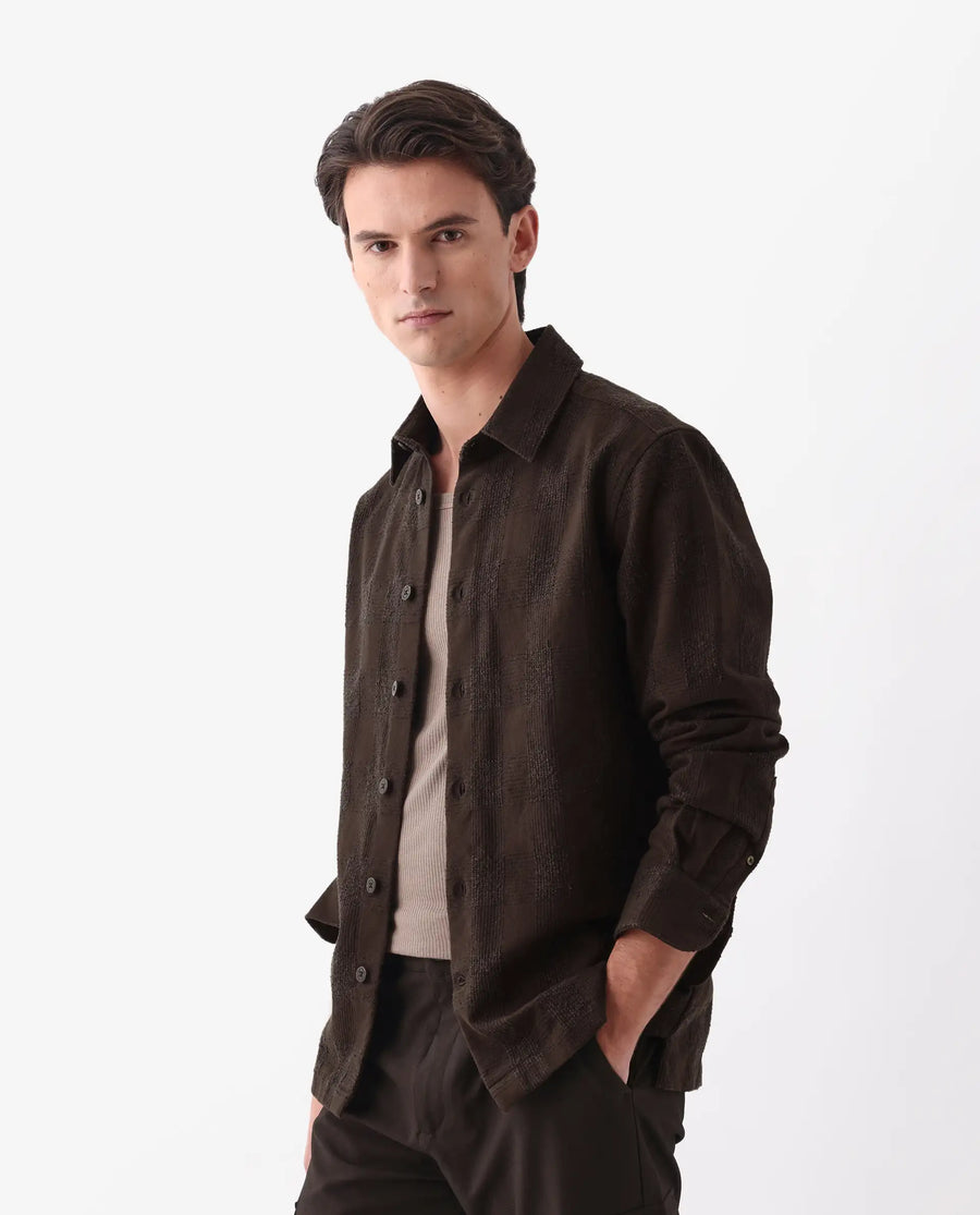 Rare Rabbit Men's Una Brown Cotton Checked Print Regular Fit Full Sleeve Collared Shirt