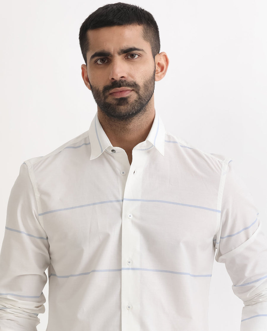 Rare Rabbit Men's Unios- White Cotton Striped Print Regular Fit Full Sleeve Collared Shirt