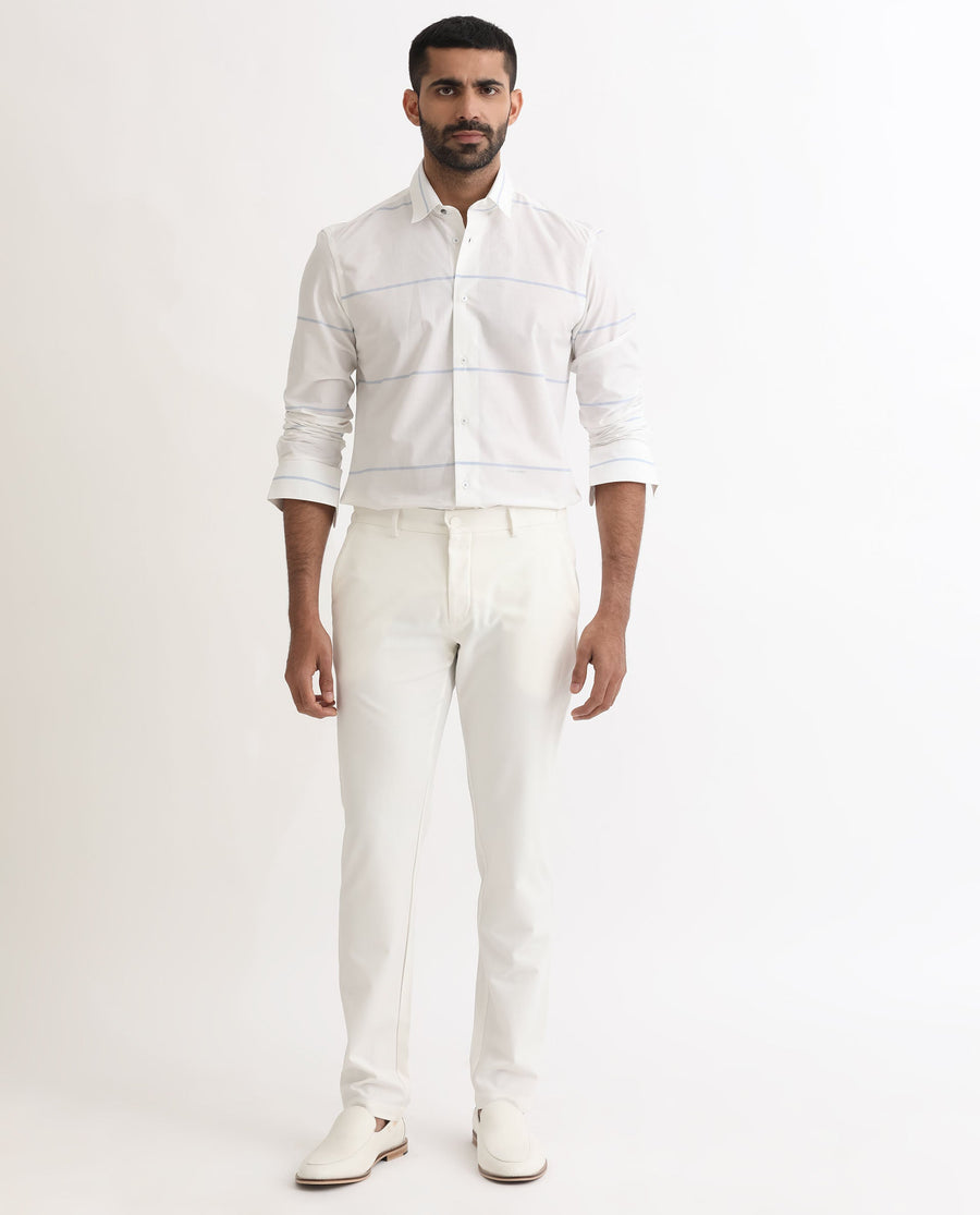 Rare Rabbit Men's Unios- White Cotton Striped Print Regular Fit Full Sleeve Collared Shirt