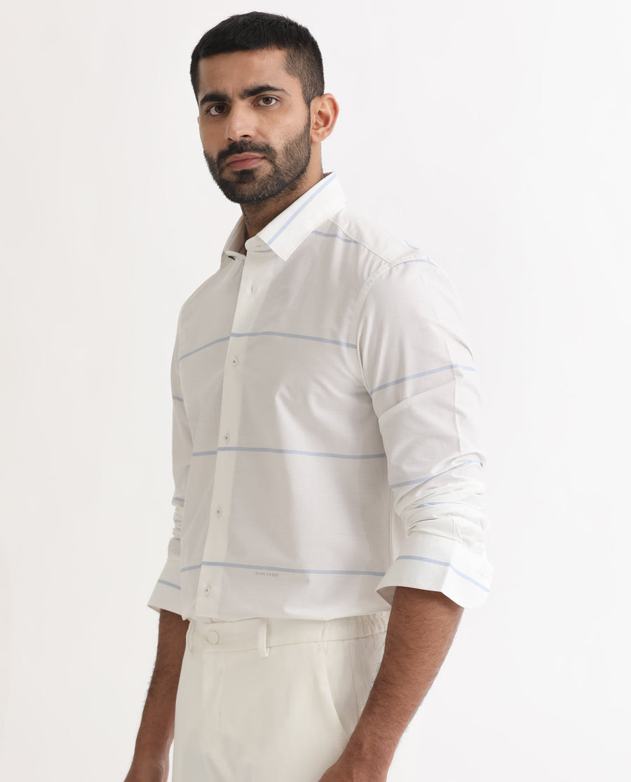 Rare Rabbit Men's Unios- White Cotton Striped Print Regular Fit Full Sleeve Collared Shirt