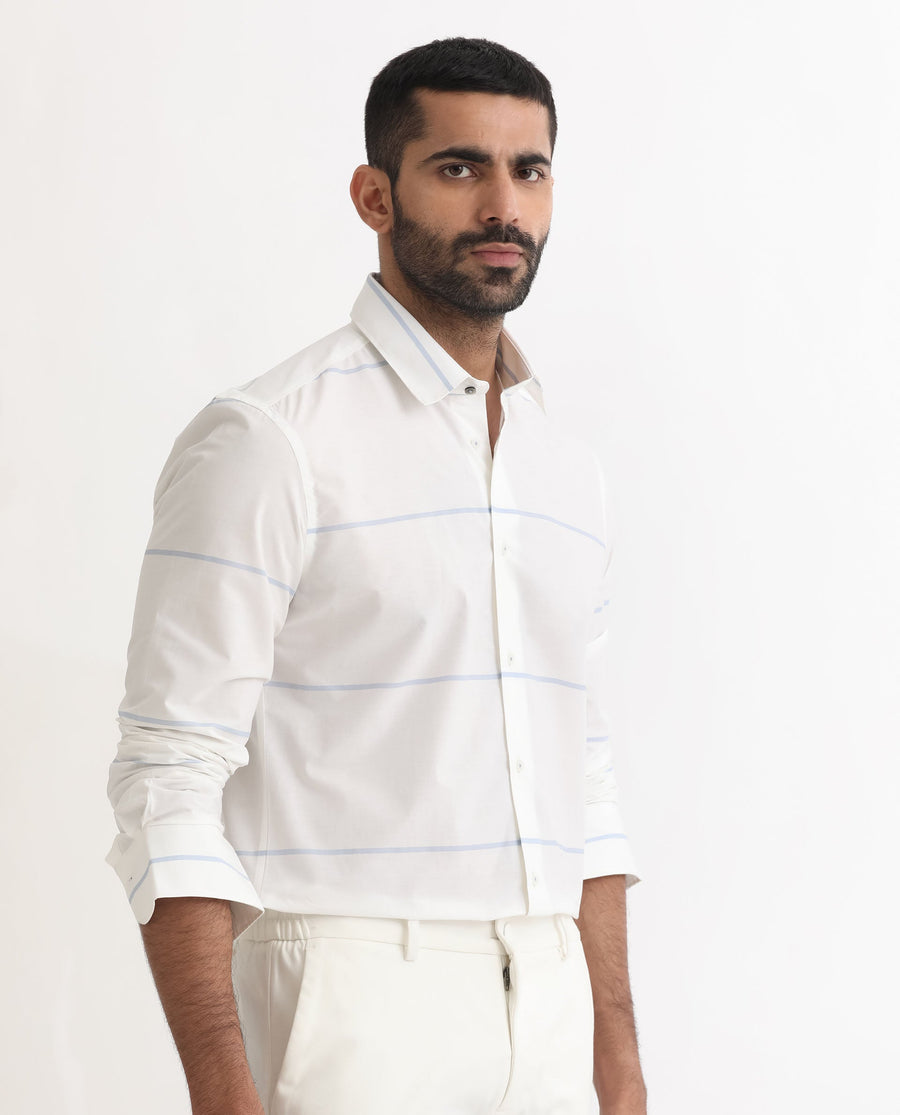 Rare Rabbit Men's Unios- White Cotton Striped Print Regular Fit Full Sleeve Collared Shirt