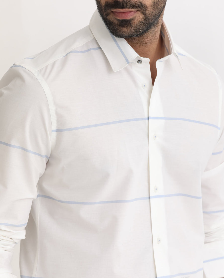 Rare Rabbit Men's Unios- White Cotton Striped Print Regular Fit Full Sleeve Collared Shirt