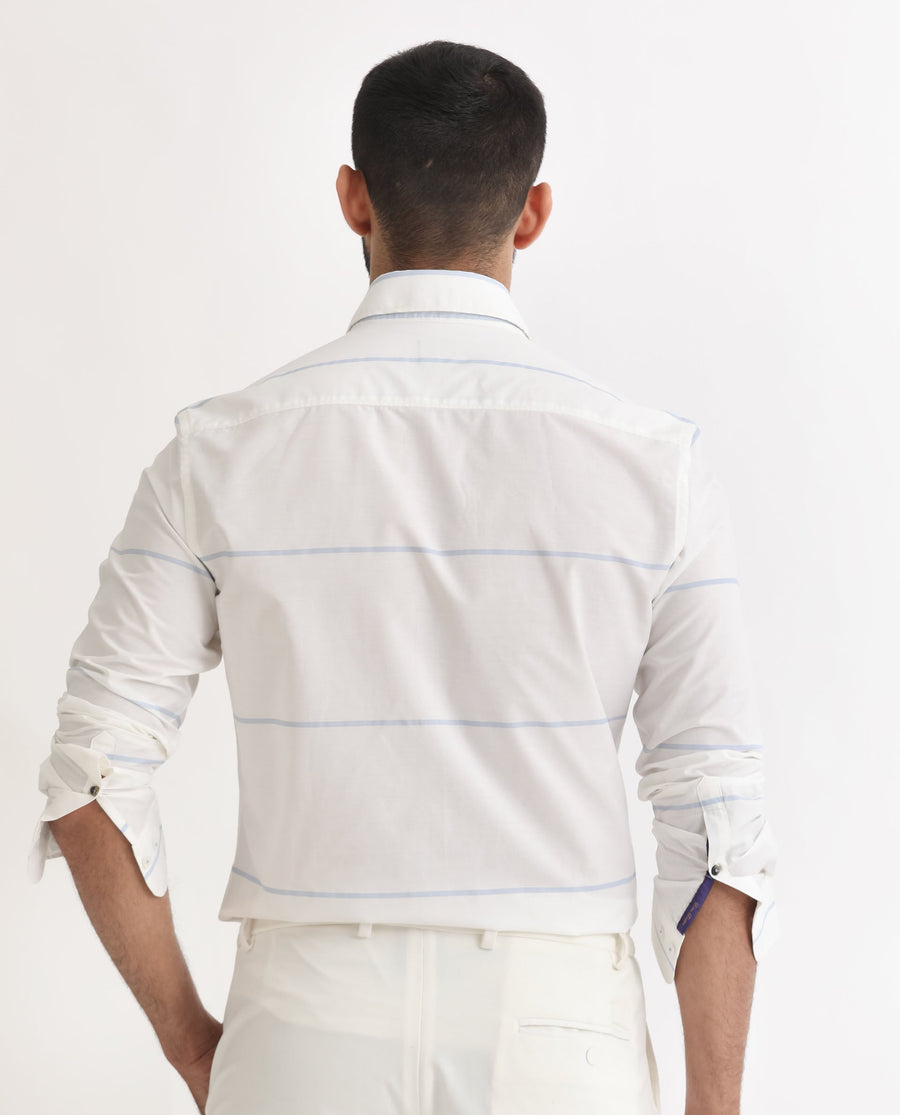 Rare Rabbit Men's Unios- White Cotton Striped Print Regular Fit Full Sleeve Collared Shirt