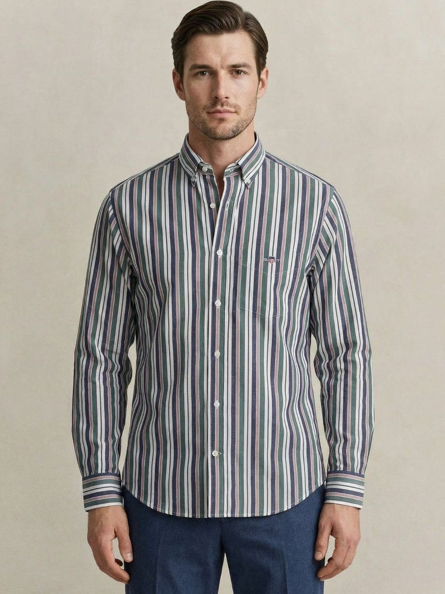 Gant Men Green Striped Regular Fit Poplin Shirt