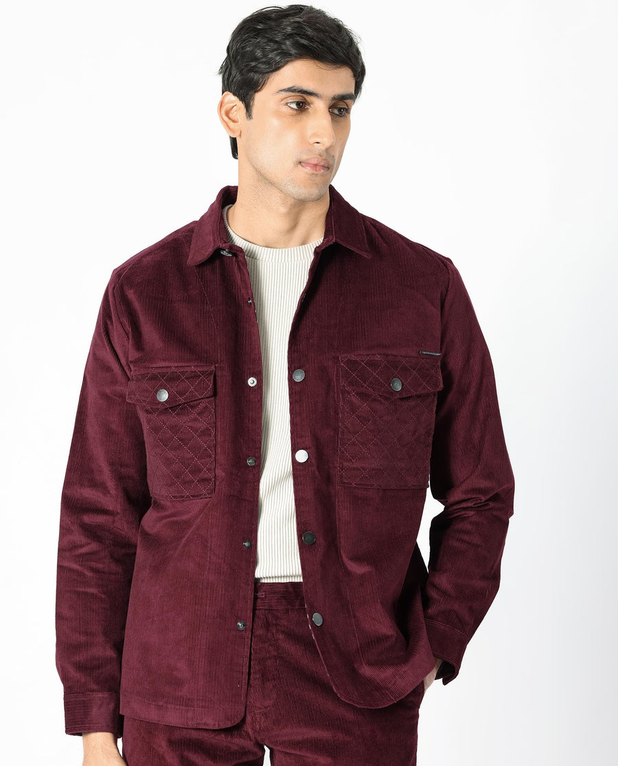 Rare Rabbit Men's Upto Dark Maroon Cotton Plain Regular Fit Full Sleeve Spread Collar Jacket
