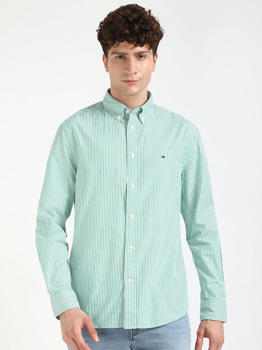 Tommy Hilfiger Men Button-Down Collar Vertical Striped Cotton Casual Shirt