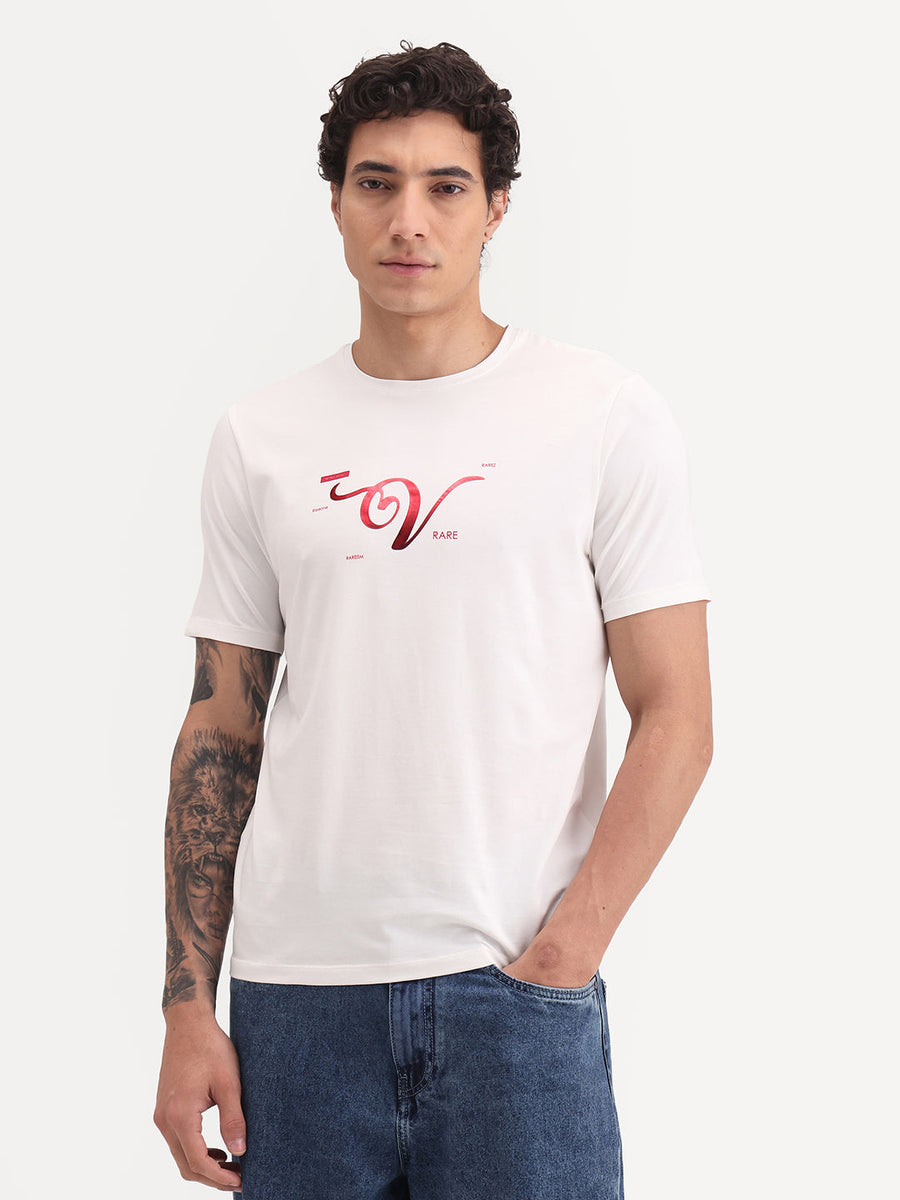 Rare Rabbit Men's Vday Off White Cotton Blend Fabric Half Sleeve Crew Neck Regular Fit Graphic Print T-Shirt