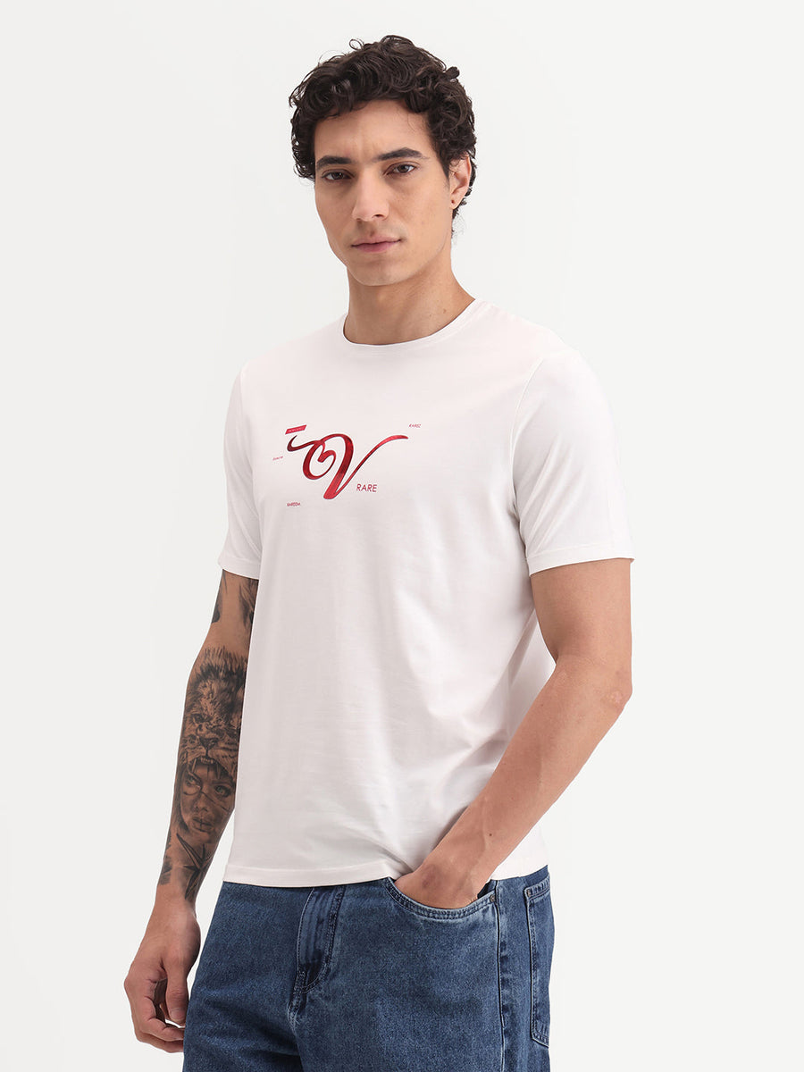 Rare Rabbit Men's Vday Off White Cotton Blend Fabric Half Sleeve Crew Neck Regular Fit Graphic Print T-Shirt