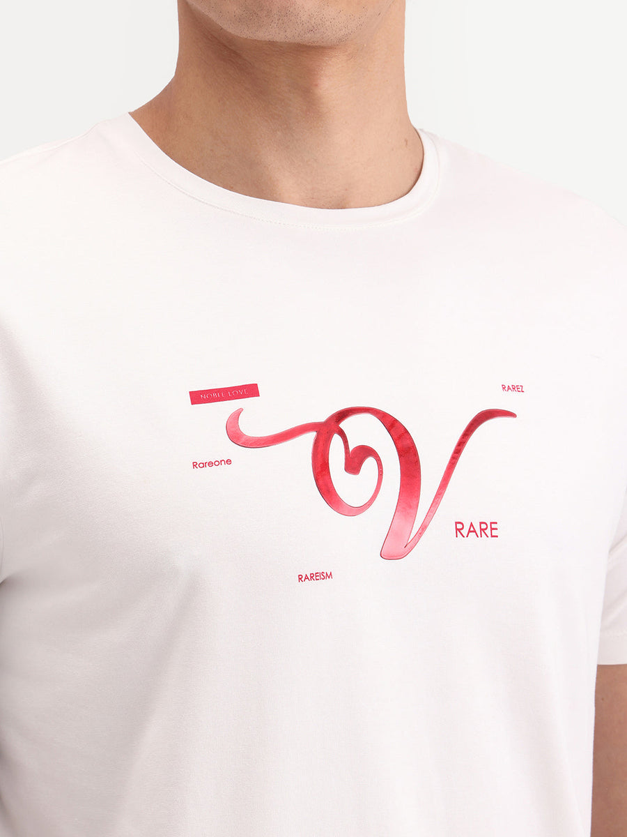 Rare Rabbit Men's Vday Off White Cotton Blend Fabric Half Sleeve Crew Neck Regular Fit Graphic Print T-Shirt