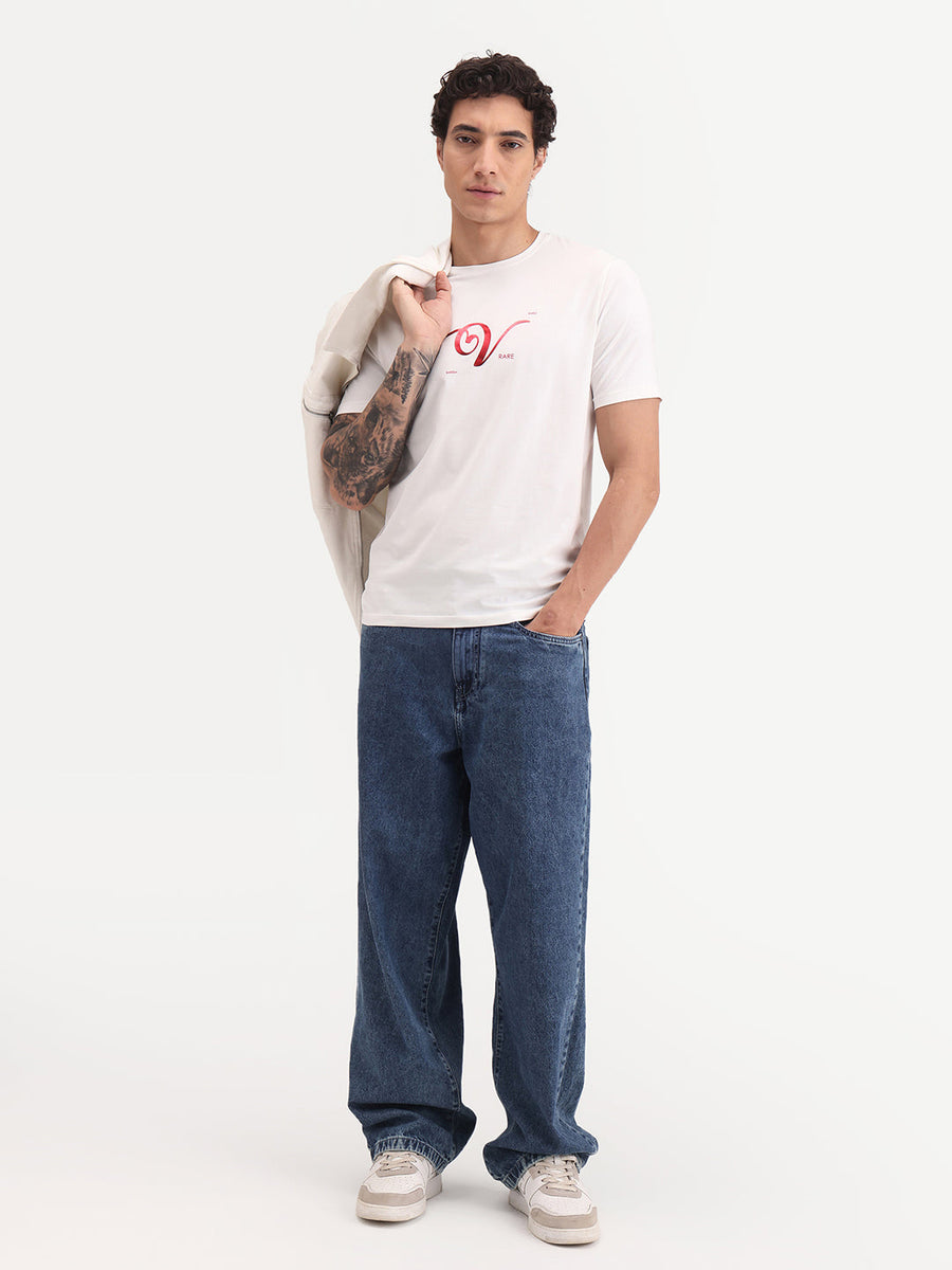 Rare Rabbit Men's Vday Off White Cotton Blend Fabric Half Sleeve Crew Neck Regular Fit Graphic Print T-Shirt