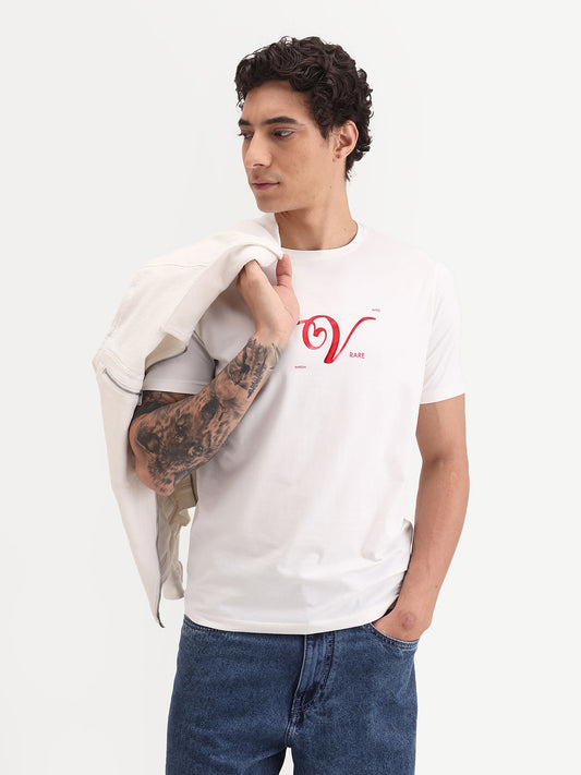Rare Rabbit Men's Vday Off White Cotton Blend Fabric Half Sleeve Crew Neck Regular Fit Graphic Print T-Shirt